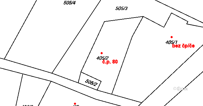 Valkeřice 80 na parcele st. 405/2 v KÚ Valkeřice, Katastrální mapa