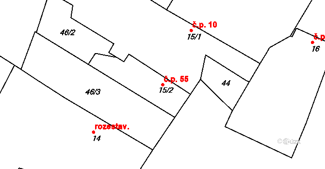 Chvalovice 55, Kovanice na parcele st. 15/2 v KÚ Chvalovice u Nymburka, Katastrální mapa