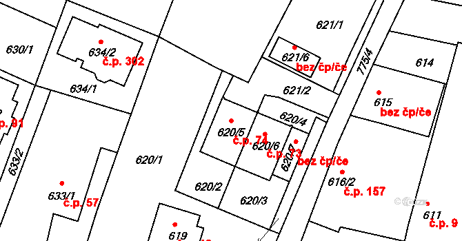 Mokré 74, Litvínovice na parcele st. 620/5 v KÚ Litvínovice, Katastrální mapa