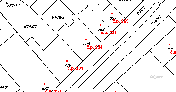 Telč-Podolí 234, Telč na parcele st. 808 v KÚ Telč, Katastrální mapa