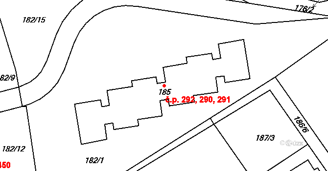 Loděnice 290,291,292 na parcele st. 185 v KÚ Loděnice u Berouna, Katastrální mapa