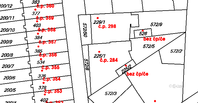 Brodce 284 na parcele st. 225/1 v KÚ Brodce nad Jizerou, Katastrální mapa