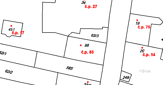 Skřivany 83 na parcele st. 96 v KÚ Skřivany, Katastrální mapa