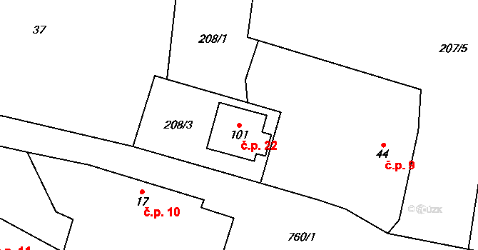 Roseč 22 na parcele st. 101 v KÚ Roseč, Katastrální mapa