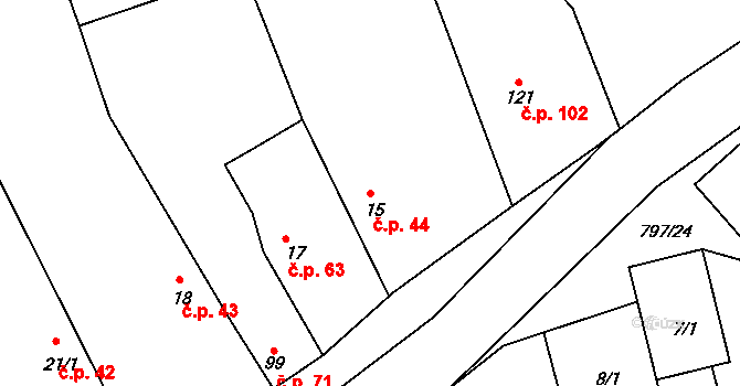 Vrbice 44 na parcele st. 15 v KÚ Vrbice u Poděbrad, Katastrální mapa