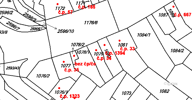 Husovice 34, Brno na parcele st. 1079 v KÚ Husovice, Katastrální mapa