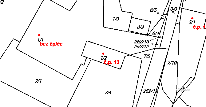 Jelence 13, Dolní Hbity na parcele st. 1/2 v KÚ Jelence, Katastrální mapa