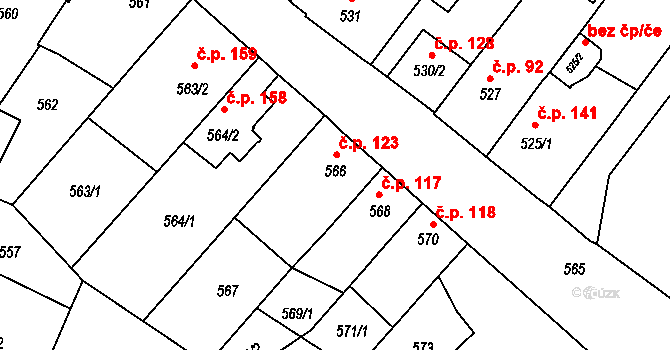 Rozdrojovice 123 na parcele st. 566 v KÚ Rozdrojovice, Katastrální mapa