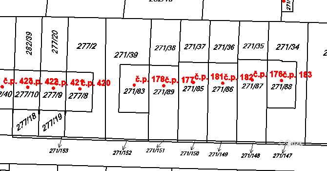 Červený Hrádek 177, Plzeň na parcele st. 271/89 v KÚ Červený Hrádek u Plzně, Katastrální mapa