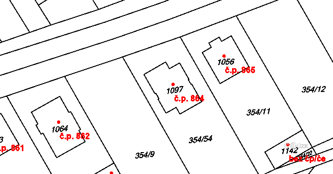 Rakvice 864 na parcele st. 1097 v KÚ Rakvice, Katastrální mapa