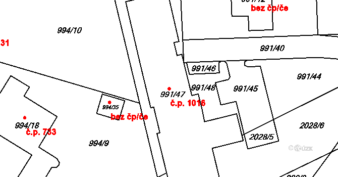 Modřice 1016 na parcele st. 991/47 v KÚ Modřice, Katastrální mapa