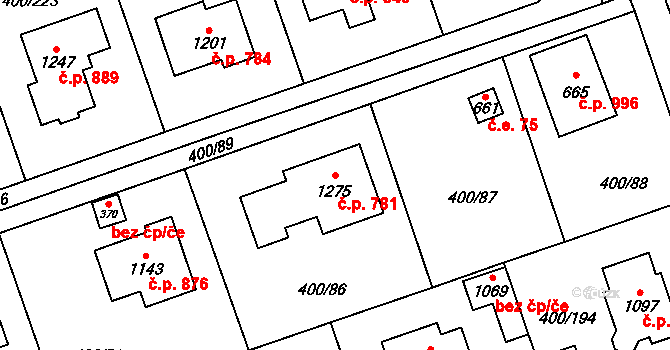 Horoměřice 781 na parcele st. 1275 v KÚ Horoměřice, Katastrální mapa