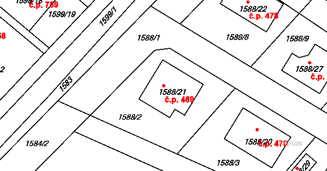Jirny 469 na parcele st. 1588/21 v KÚ Jirny, Katastrální mapa
