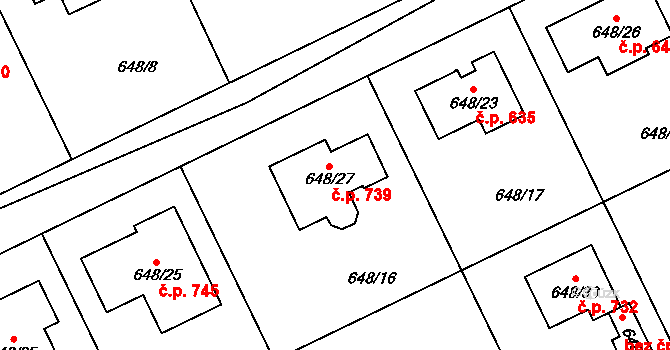 Lipence 739, Praha na parcele st. 648/27 v KÚ Lipence, Katastrální mapa