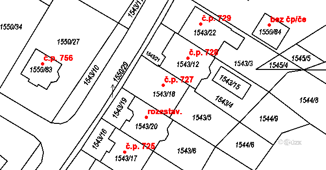 Miřetice u Klášterce nad Ohří 727, Klášterec nad Ohří na parcele st. 1543/18 v KÚ Miřetice u Klášterce nad Ohří, Katastrální mapa