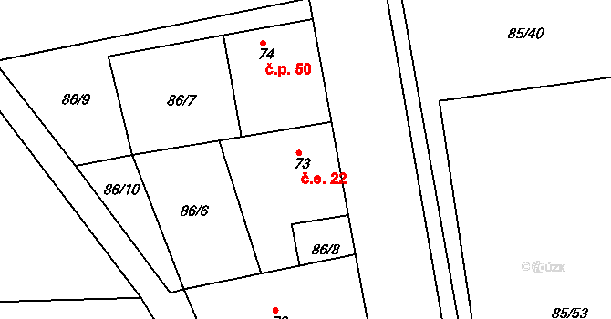 Kovářov 22, Bojanov na parcele st. 73 v KÚ Kovářov u Seče, Katastrální mapa
