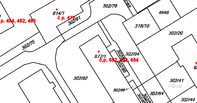 Slavičín 652,653,654 na parcele st. 877/1 v KÚ Slavičín, Katastrální mapa