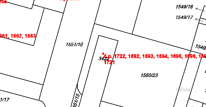 Budějovické Předměstí 1692,1693,1694,1695,, Písek na parcele st. 3422 v KÚ Písek, Katastrální mapa