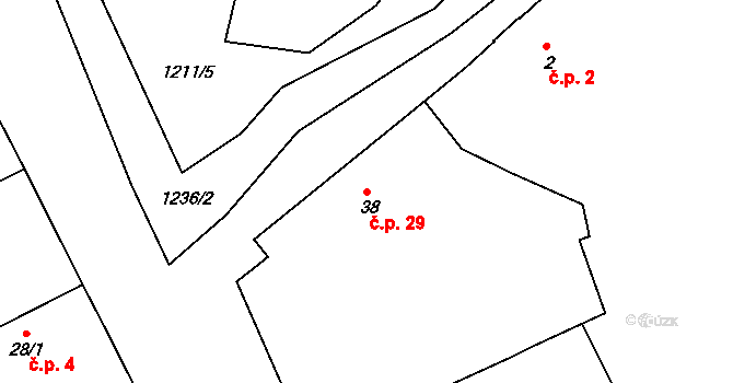 Hodyně 29, Kožlany na parcele st. 38 v KÚ Hodyně u Dřevce, Katastrální mapa