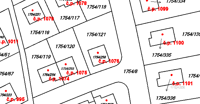 Slivenec 1076, Praha na parcele st. 1754/256 v KÚ Slivenec, Katastrální mapa