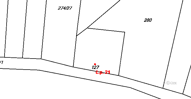Sedliště 21, Vyskytná na parcele st. 127 v KÚ Sedliště u Častonína, Katastrální mapa