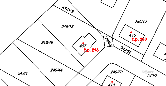 Písková Lhota 293 na parcele st. 407 v KÚ Písková Lhota, Katastrální mapa