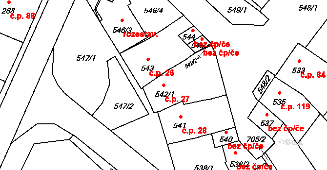 Vážany 27, Kroměříž na parcele st. 542/1 v KÚ Vážany u Kroměříže, Katastrální mapa