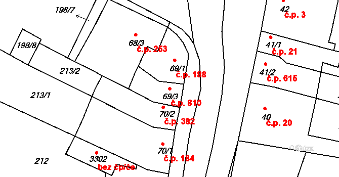 Bystřice pod Hostýnem 810 na parcele st. 69/3 v KÚ Bystřice pod Hostýnem, Katastrální mapa