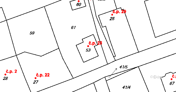 Něchov 25, Trhové Sviny na parcele st. 53 v KÚ Něchov, Katastrální mapa