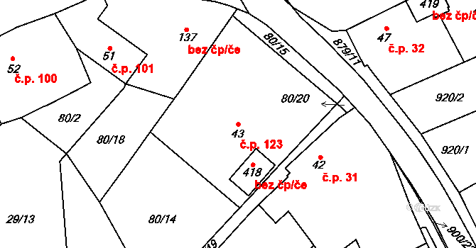 Tři Sekery 123 na parcele st. 43 v KÚ Tři Sekery u Kynžvartu, Katastrální mapa