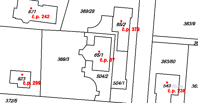 Řež 37, Husinec na parcele st. 65/1 v KÚ Husinec u Řeže, Katastrální mapa