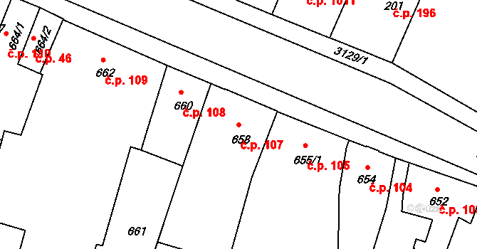 Čelákovice 107 na parcele st. 658 v KÚ Čelákovice, Katastrální mapa