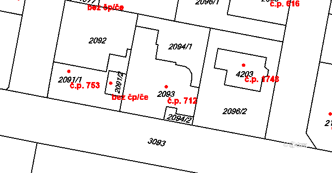 Čelákovice 712 na parcele st. 2093 v KÚ Čelákovice, Katastrální mapa