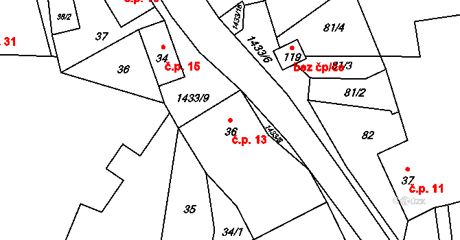 Zdebuzeves 13, Divišov na parcele st. 36 v KÚ Zdebuzeves, Katastrální mapa