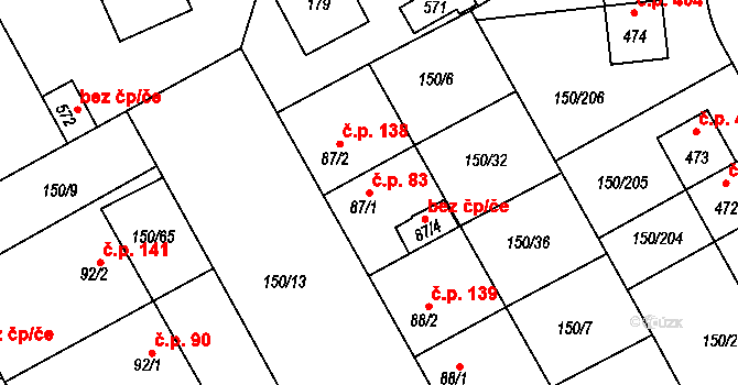 Mratín 83 na parcele st. 87/1 v KÚ Mratín, Katastrální mapa