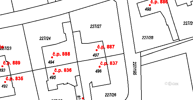 Švermov 887, Kladno na parcele st. 497 v KÚ Hnidousy, Katastrální mapa