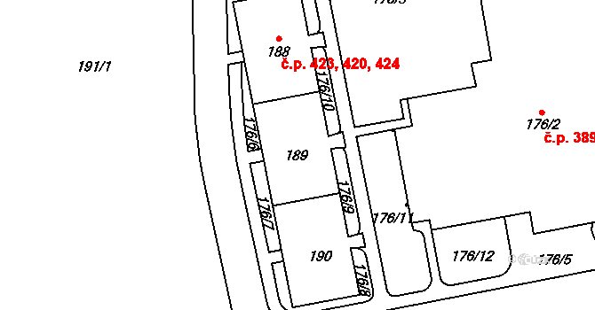 Kynšperk nad Ohří 420,423,424 na parcele st. 189 v KÚ Kynšperk nad Ohří, Katastrální mapa