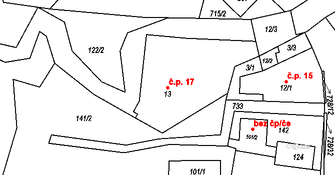 Sekerkovy Loučky 17, Mírová pod Kozákovem na parcele st. 13 v KÚ Sekerkovy Loučky, Katastrální mapa
