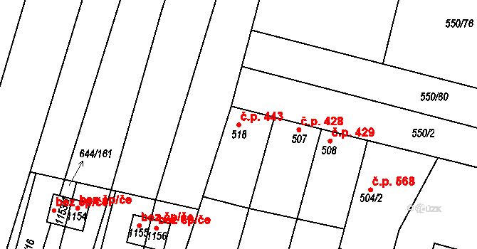 Libochovice 443 na parcele st. 518 v KÚ Libochovice, Katastrální mapa