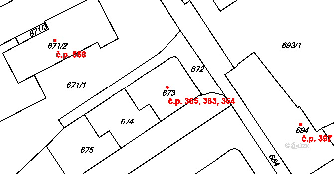 Neštěmice 363,364,365, Ústí nad Labem na parcele st. 673 v KÚ Neštěmice, Katastrální mapa