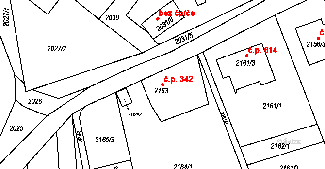 Útočiště 342, Klášterec nad Ohří na parcele st. 2163 v KÚ Klášterec nad Ohří, Katastrální mapa