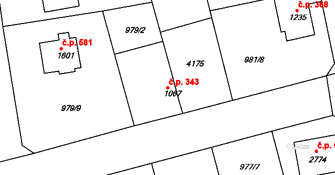 Plzeňské Předměstí 343, Rokycany na parcele st. 1067 v KÚ Rokycany, Katastrální mapa