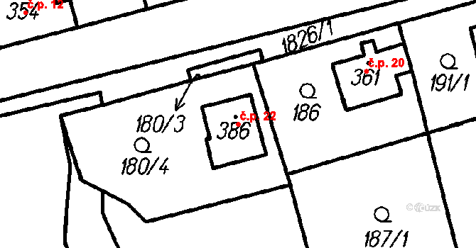 Oloví 22 na parcele st. 386 v KÚ Oloví, Katastrální mapa