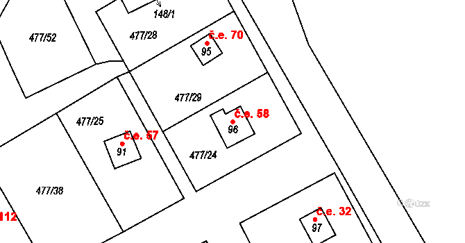Hryzely 58, Barchovice na parcele st. 96 v KÚ Hryzely, Katastrální mapa