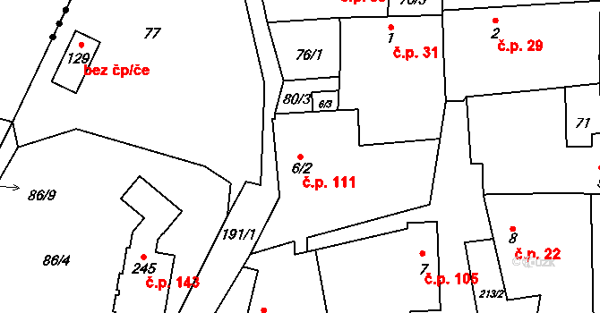 Hradešín 111 na parcele st. 6/2 v KÚ Hradešín, Katastrální mapa