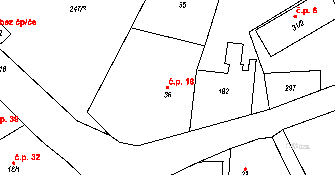 Třebešov 18 na parcele st. 36 v KÚ Třebešov, Katastrální mapa