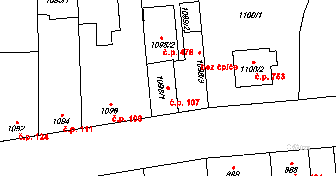 Řeporyje 107, Praha na parcele st. 1098/1 v KÚ Řeporyje, Katastrální mapa
