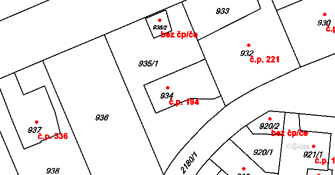 Ruzyně 194, Praha na parcele st. 934 v KÚ Ruzyně, Katastrální mapa