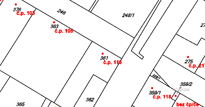 Křimice 116, Plzeň na parcele st. 361 v KÚ Křimice, Katastrální mapa