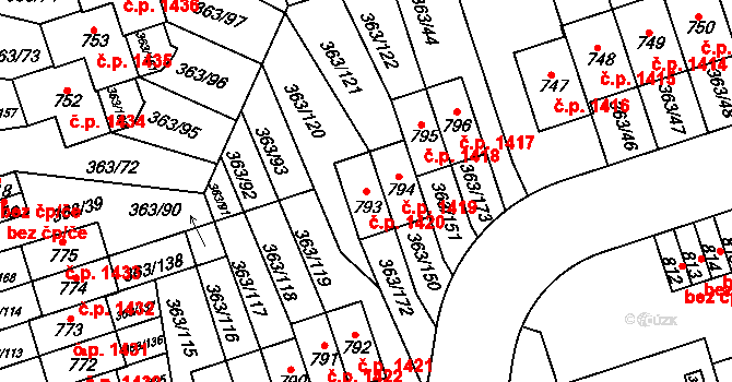 Hostivice 1420 na parcele st. 793 v KÚ Litovice, Katastrální mapa